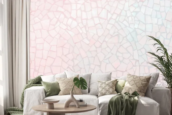 Naklejka: Broken tiles mosaic seamless pattern. white and pink the tile