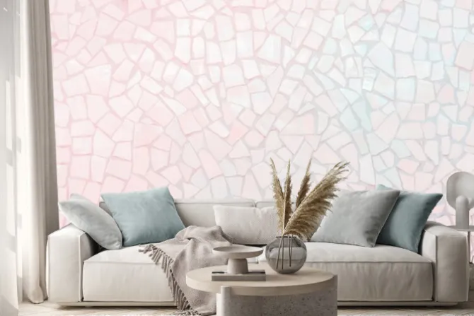 Naklejka: Broken tiles mosaic seamless pattern. white and pink the tile