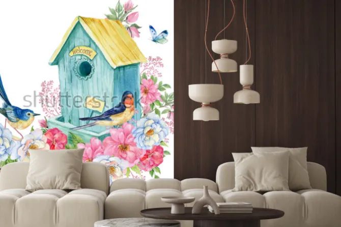 Naklejka: Budka dla ptaków z motylem i kwiatami w stylu akwareli