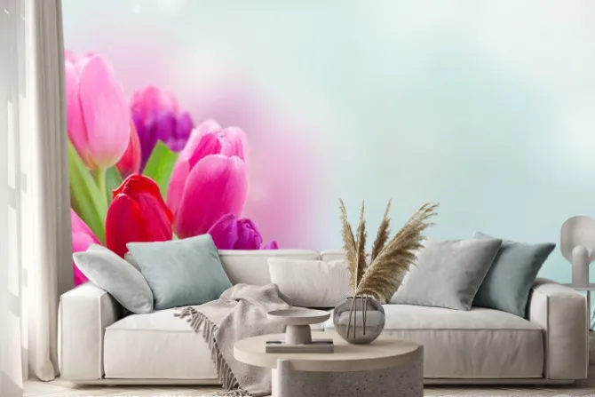 Naklejka: Bukiet kwiatów tulipanów różowe i fioletowe