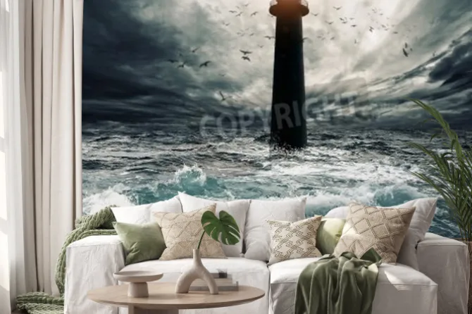 Naklejka: Burzliwy niebo nad zalanym latarni