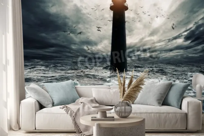 Naklejka: Burzliwy niebo nad zalanym latarni