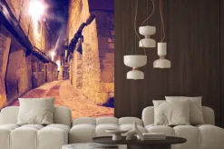 Naklejka: Calle de pueblo al anochecer con faroles