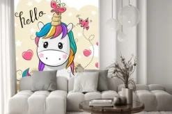 Naklejka: Cartoon jednorożca z motyli i ptaka