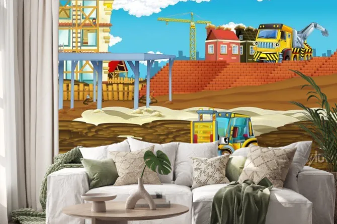 Naklejka: Cartoon scene with industry cars on construction site - illustration