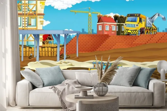 Naklejka: Cartoon scene with industry cars on construction site - illustration