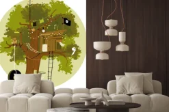 Naklejka: Cartoon tree house with a pirate flag, tire swing, basketball