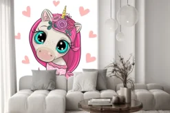 Naklejka: Cartoon unicorn girl with hearts on a white background