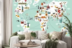 Naklejka: Cartoon world map with animal and sightseeing attractions. vector