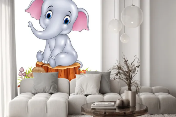 Naklejka: Cartoon zabawny słoniątka siedzi na pniu