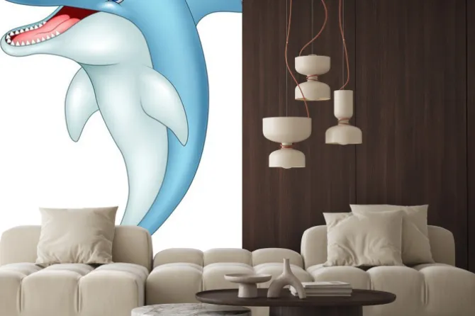 Naklejka: Cartoon zabawny delfin skoków