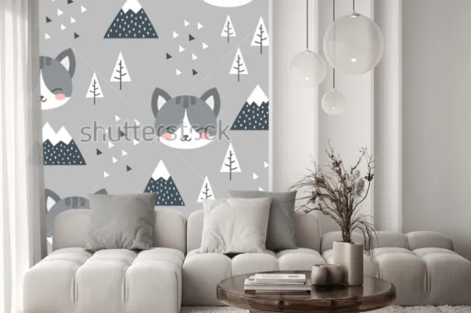 Naklejka: Cat seamless pattern background, scandinavian happy cute kitty