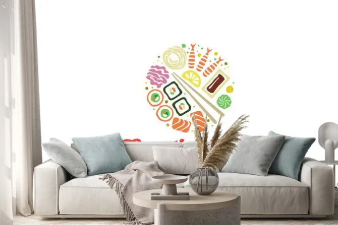 Naklejka: Chiński japoński sushi sashimi seafood logo projektu.