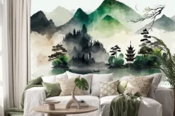 Naklejka: Chiński krajobraz z górami i jeziorem