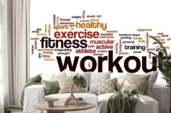 Naklejka: Chmura słów z hasłami fitness na białym tle