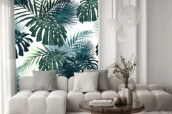 Naklejka: Ciemnozielone liście monstery i palmy na białym tle