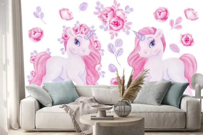 Naklejka: Clipart with watercolor hand draw unicorn and flowers