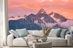 Naklejka: Cloudy sunset over iconic mont-blanc mountains range and glaciers