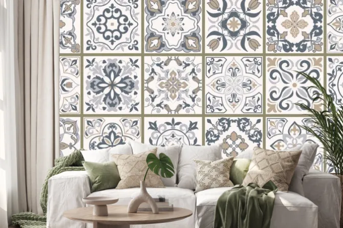 Naklejka: Collection of 18 ceramic tiles in turkish style. seamless colorful