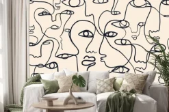 Naklejka: Continuous line, drawing of faces, fashion minimalist concept,