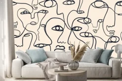 Naklejka: Continuous line, drawing of faces, fashion minimalist concept,