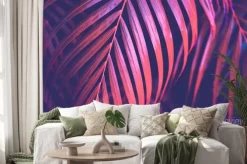 Naklejka: Copy space pink tropical palm tree on sky abstract background.