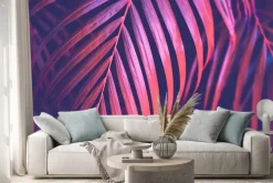 Naklejka: Copy space pink tropical palm tree on sky abstract background.
