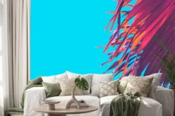 Naklejka: Copy space pink tropical palm tree on sky abstract background.