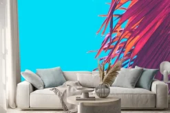 Naklejka: Copy space pink tropical palm tree on sky abstract background.