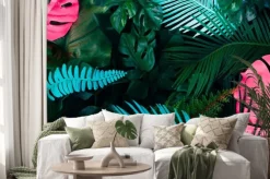 Naklejka: Creative fluorescent color layout made of tropical leaves. flat