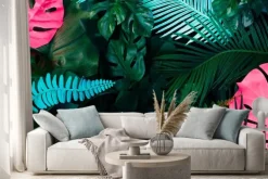 Naklejka: Creative fluorescent color layout made of tropical leaves. flat