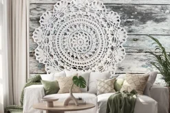 Naklejka: Crochet lace on on a wooden background