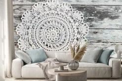 Naklejka: Crochet lace on on a wooden background