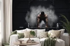 Naklejka: Crossfit athlete preparing to lift heavy barbell in a cloud of