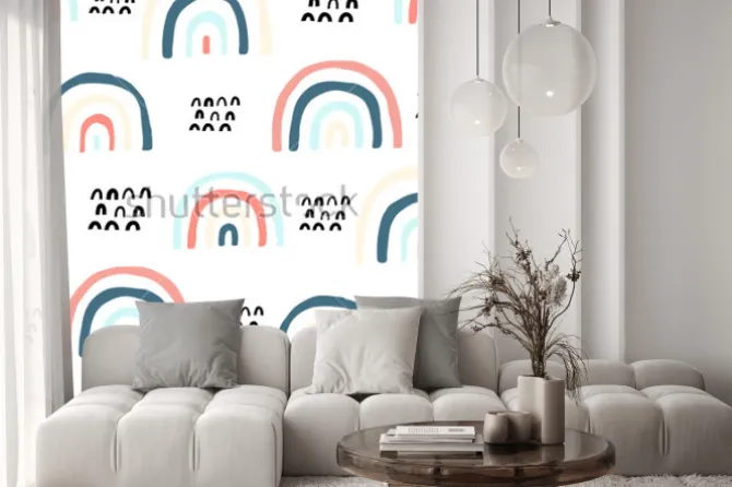 Naklejka: Cute doodle vector pattern with rainbows and clouds. summer design.