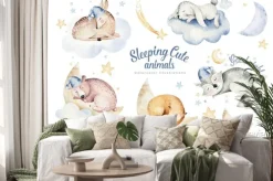 Naklejka: Cute dreaming cartoon animal deer, bear hand drawn watercolor