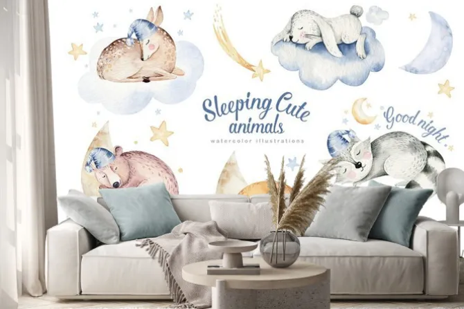 Naklejka: Cute dreaming cartoon animal deer, bear hand drawn watercolor