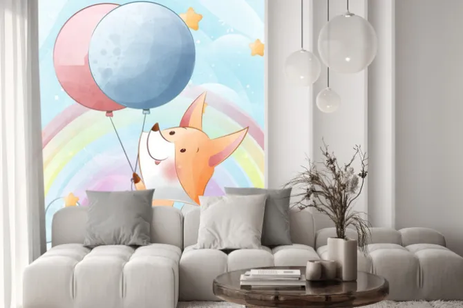 Naklejka: Cute fox hanging from a balloons baby shower character