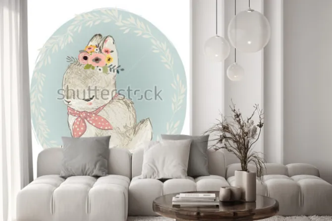 Naklejka: Cute hare with floral wreath