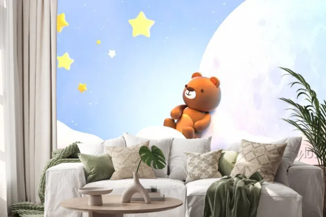 Naklejka: Cute little bear sitting on soft pastel clouds and watching beautiful