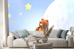 Naklejka: Cute little bear sitting on soft pastel clouds and watching beautiful