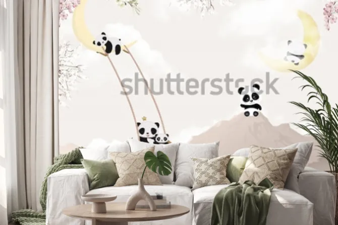 Naklejka: Cute pandas playing kids room wallpaper design