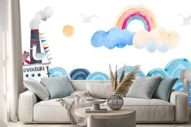 Naklejka: Cute sea landscape. watercolor illustration. childrens poster.