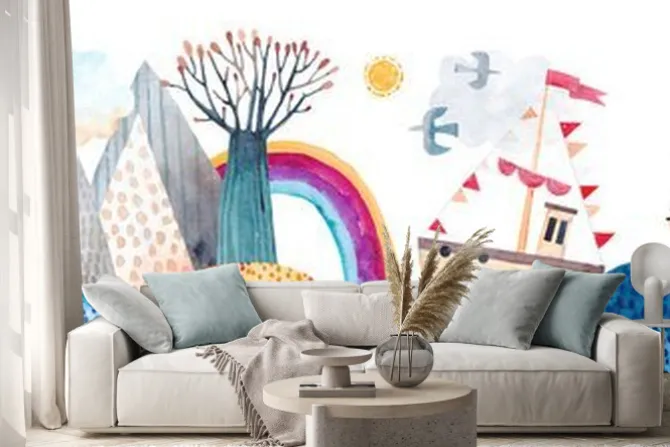 Naklejka: Cute sea landscape, waves, montains, ships, clouds and rainbow.