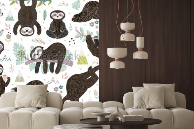 Naklejka: Cute sleeping sloths seamless pattern. adorable animal background.