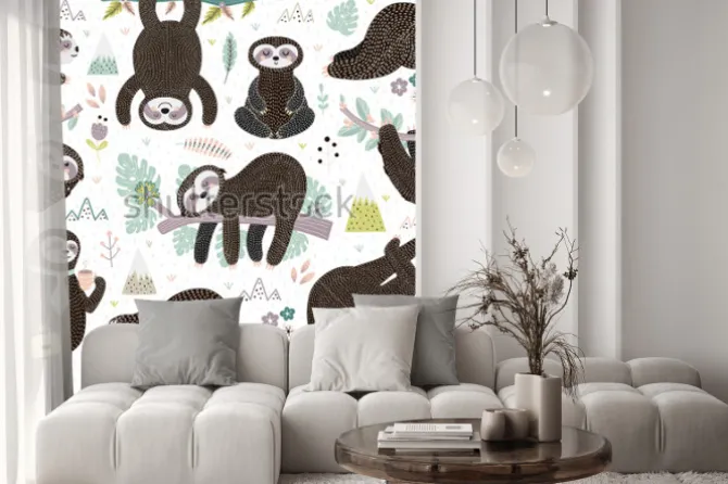 Naklejka: Cute sleeping sloths seamless pattern. adorable animal background.