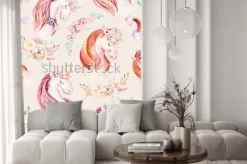 Naklejka: Cute watercolor unicorn seamless pattern with flowers. nursery