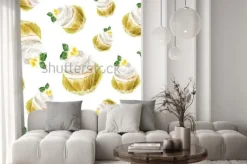 Naklejka: Cytryny babeczka z kremową mennicą, akwareli ilustracyjny słodka