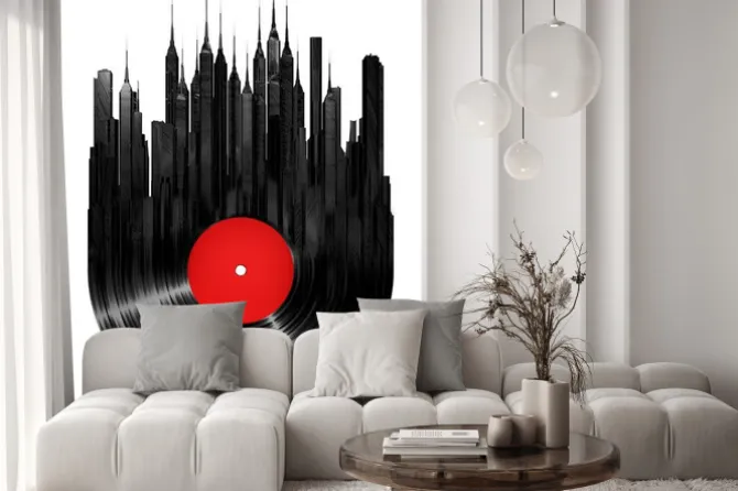 Naklejka: Czarna płyta winylowa z panoramą miasta abstrakcja