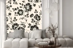 Naklejka: Czarne gałązki kwiatów na kremowym tle